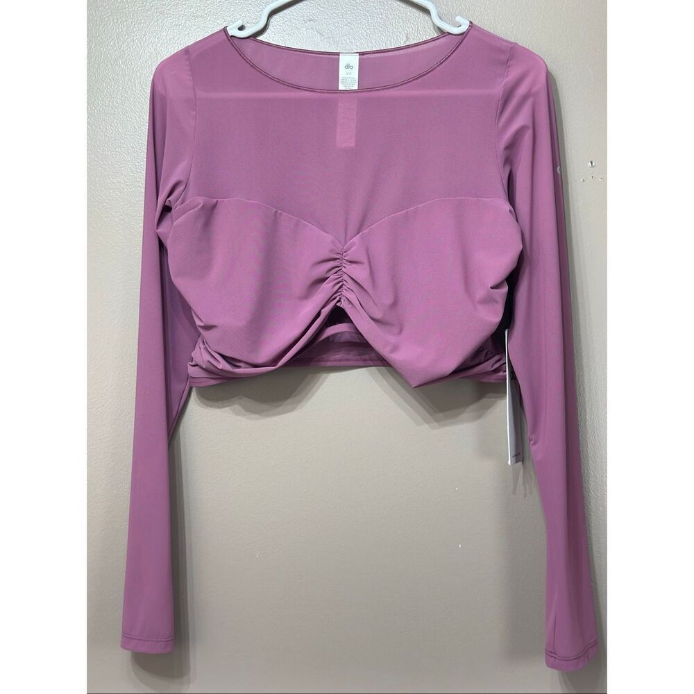 NWT Alo Yoga Mauve Mesh Sheer Illusion Cropped Long Sleeve Top Women's Large - Picture 2 of 11